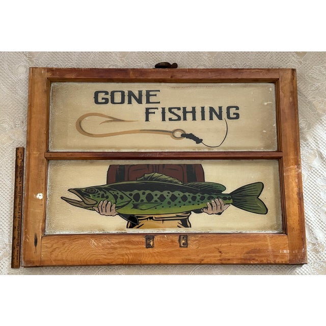 Vintage Reverse Painted "Gone Fishing" Window Sign For Sale - Image 10 of 10