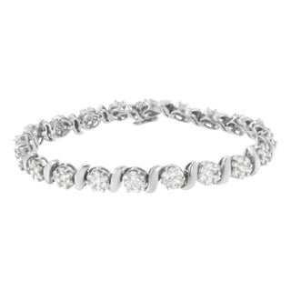 14K White Gold 5 1/4 cttw Diamond S-Link Floral Cluster Tennis Bracelet - Size 7" For Sale