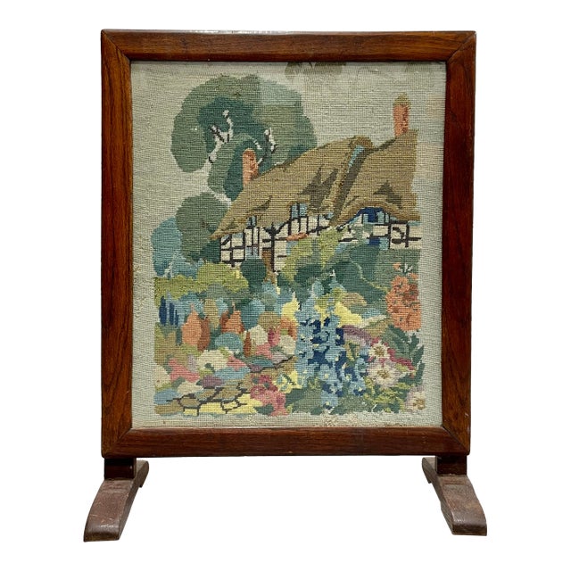 Antique Needlepoint Fires Screen With Cottage Garden Scene, Wood Framed Hearth Screen, C. 1920s–1940s For Sale