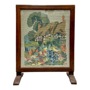 Antique Needlepoint Fires Screen With Cottage Garden Scene, Wood Framed Hearth Screen, C. 1920s–1940s
