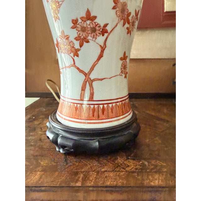1960s Vintage Chinoiserie Cherry Blossom Bird Table Lamp, Cinnamon and White Asian Floral Ceramic Lamp For Sale - Image 5 of 11
