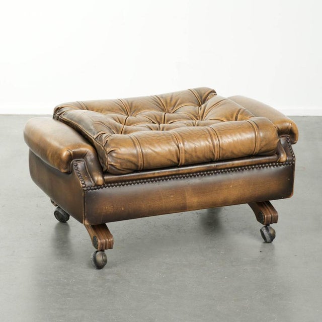 English Chesterfield Ottoman in Cowhide Leather on Wheels For Sale - Image 13 of 13