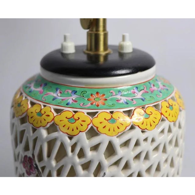 White Reticulated Blanc De Chine and Polychrome Porcelain Table Lamp. For Sale - Image 8 of 13