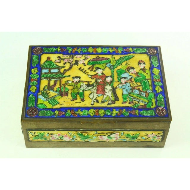 Early 20th Century Chinese Polychrome Enameled Brass Box, Wood Lined W. Children Scene For Sale - Image 5 of 9