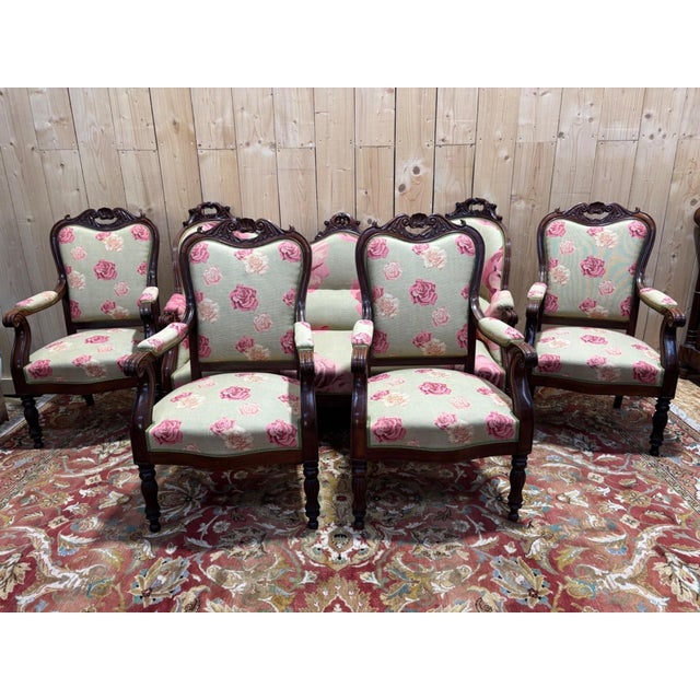 Magnificent napoleon iii salon suite comprising nine pieces: an imposing banquette, four armchairs, and four chairs....