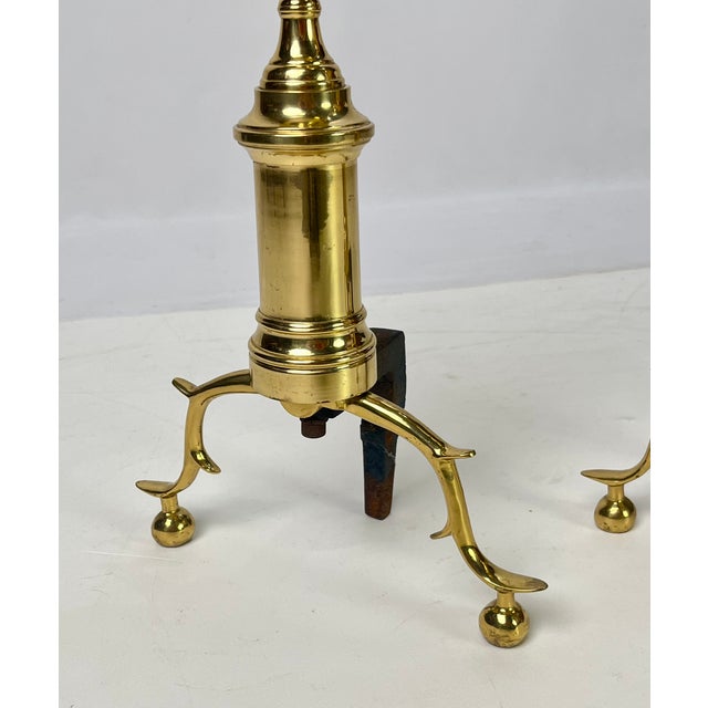 Vintage Tall Polished Brass & Cast Iron Ball Top Andirons - Pair For Sale - Image 12 of 14