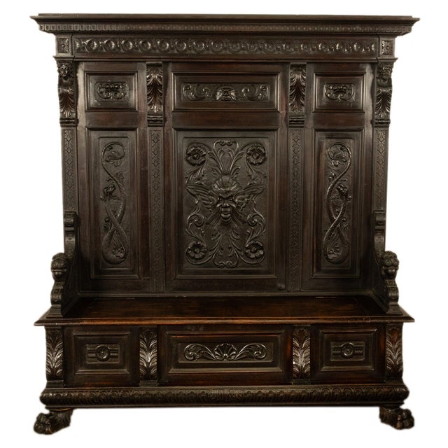 Antique 19th Century Italian Renaissance Revival Carved Hall Bench Storage Settle 1880 For Sale - Image 4 of 15