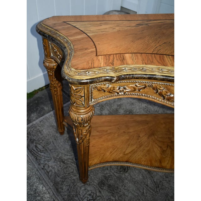 Vintage Ornate Carved & Inlaid Tuscan Style Marble Trimmed Console Table W/Shelf For Sale - Image 9 of 12