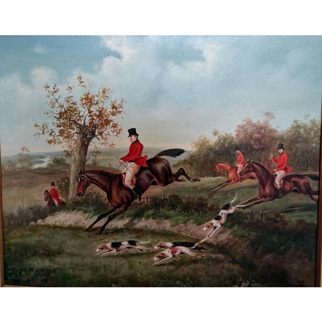 This original oil painting on canvas, signed W. Larsen, presents a traditional English fox hunting scene with mounted...