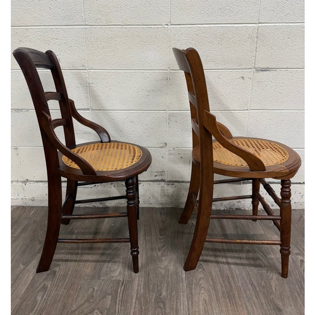 Wood Antique Victorian Curved Ladder Back Hand Caned Armchairs - Pair For Sale - Image 7 of 11