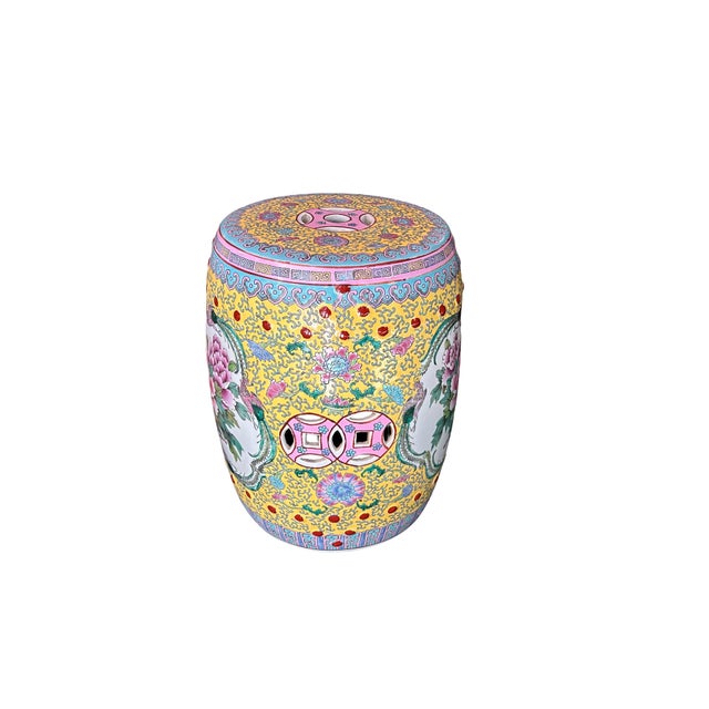 Vintage Oriental Famille Rose Yellow Color Porcelain Round Stool Ottoman For Sale - Image 4 of 6