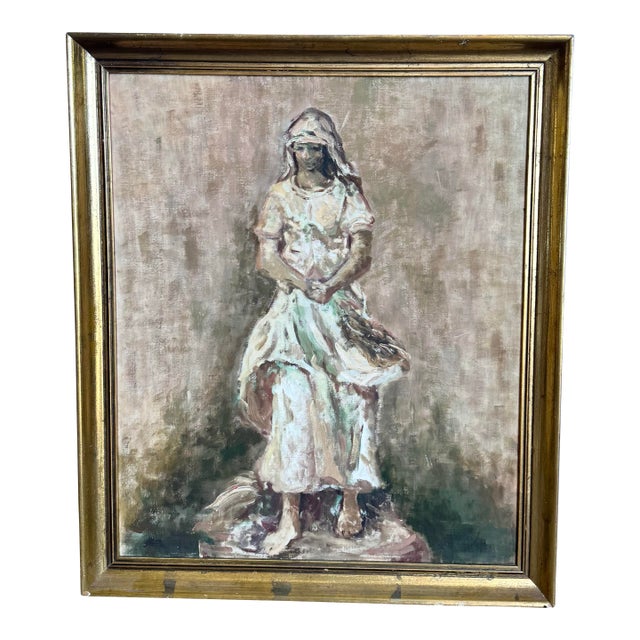 Vintage Painted Framed Oil on Canvas Lady in Dress For Sale