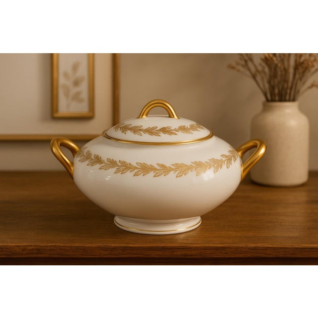 Elegant vintage Limoges France G.D.&Cie “Avenir” porcelain sugar bowl with a lidded top and double handles. This piece...
