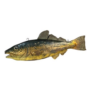 Vintage Late 20th Century Oversized 6ft Long Wooden Carved and Painted Fish Sign For Sale