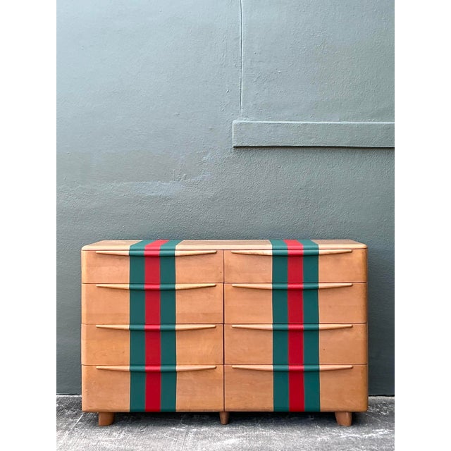 Mid 20th Century Vintage Boho Heywood Wakefield Racing Stripe Dresser For Sale - Image 5 of 10
