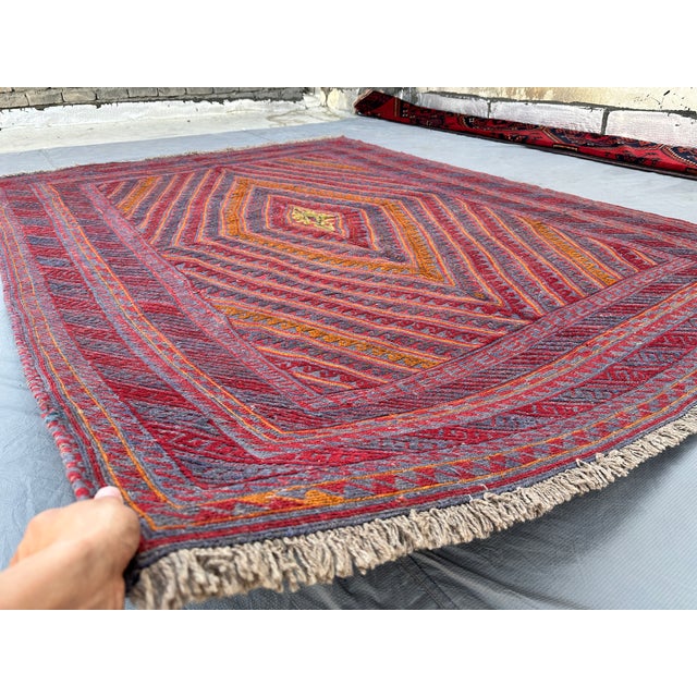 Tribal Multicolor Mushwani Hand-Woven Kilim Rug - 7'1" X 9'2" For Sale - Image 3 of 10
