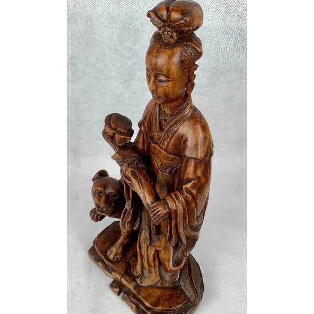 Carved Teak Chinese Female Figure With Removable Head Holding a Ruyi For Sale - Image 9 of 12