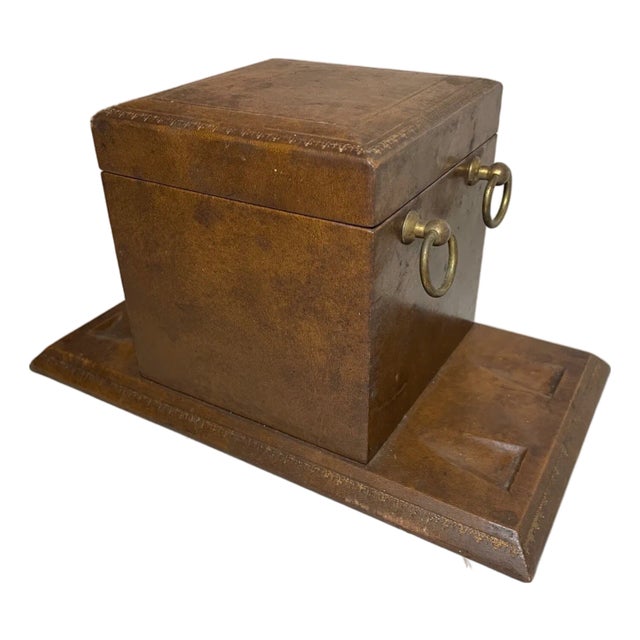 Vintage Italian Brown Leather Wrapped Brass Glass Pipe Tobacco Humidor Box Stand For Sale