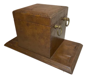 Vintage Italian Brown Leather Wrapped Brass Glass Pipe Tobacco Humidor Box Stand