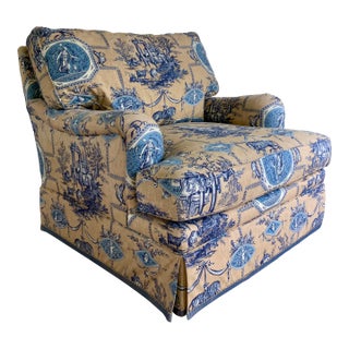 Custom Pierre Frey Braquenié Beige & Blue Toile Club Chair With Manuel Canovas Trim For Sale