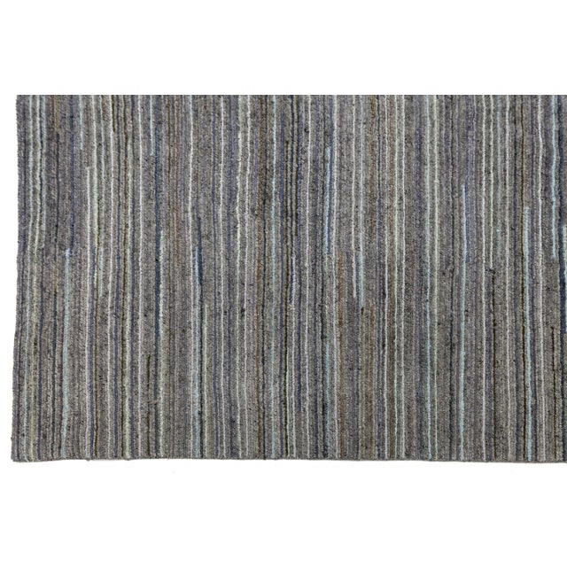 Modern Hand-Knotted Indian Wool Area Rug – Earth Tone Linear Stripe Design 12x15 For Sale - Image 4 of 11