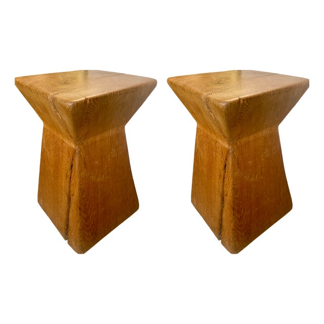 Brutalist Wabi-Sabi Sculptural Hand-Carved Oak Tree Trunk Stools or Side Tables, 1980s, Set of 2 For Sale
