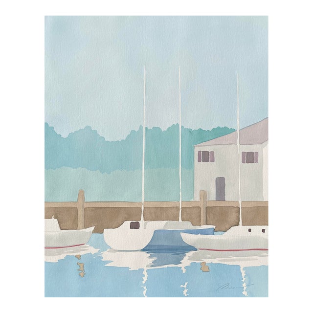 1990s Sail Boat Docks Watercolor For Sale