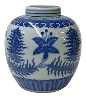 Oriental Hand-Paint Leaves Graphic Blue White Porcelain Ginger Jar