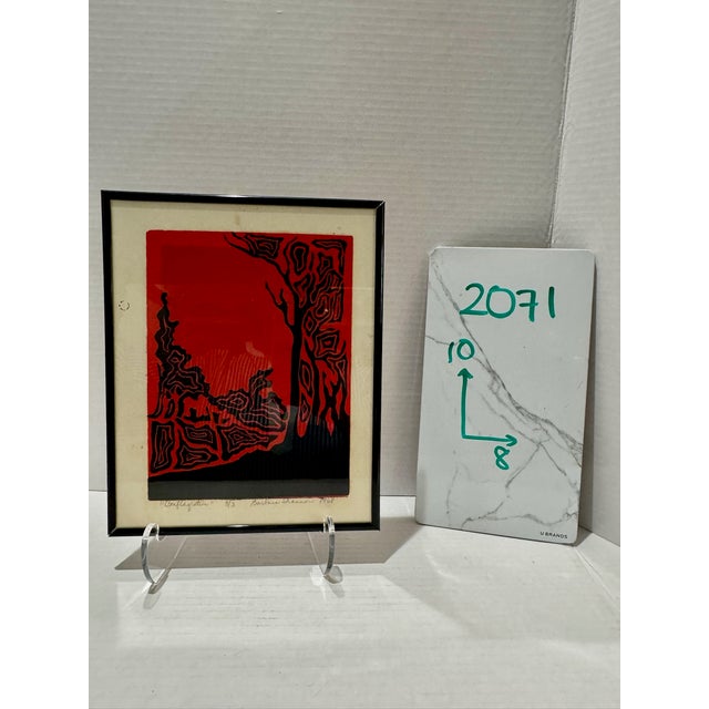 Wood Mid 20th Century Signed Original Woodcut Print "Conflagration" Barbara Shannon Edition 3/3 Expressionist Framed 10x8 For Sale - Image 7 of 7
