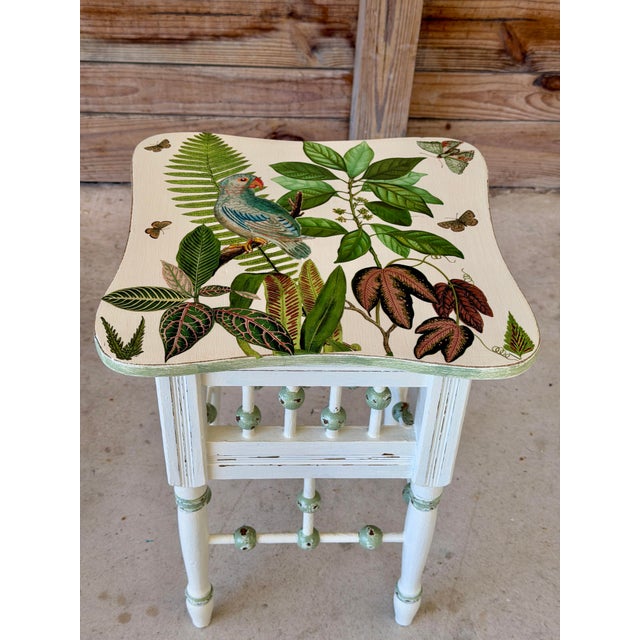 Off-white Vintage Custom Painted Tropical Decoupage Spindle Side Table For Sale - Image 8 of 12