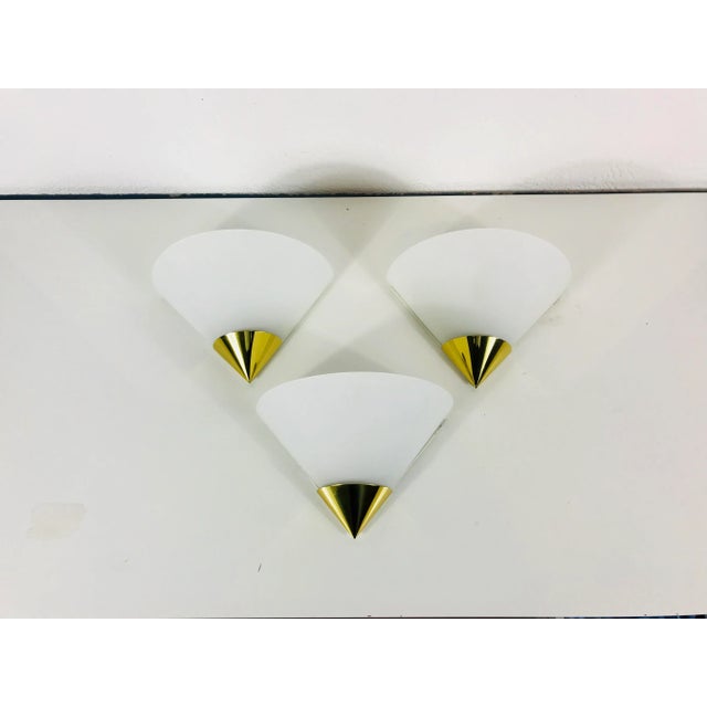 Mid-Century Modern 1980s Mid-Century Modern Brass and Opaline Glass Wall Lamps by Glashütte Limburg, Germany - Set of 3 For Sale - Image 3 of 11
