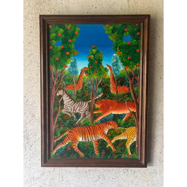 Wood Vintage Haitian Folk Art Jungle Painting by Monestime Astrel, Late 20th Century For Sale - Image 7 of 8