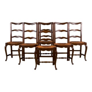 Antique Country French Provincial Ladder Back Oak Dining Chairs W/ Rush Seats - Set of 6 For Sale