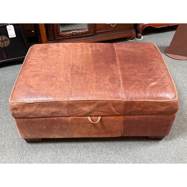 Rustic European Rustic Leather Storage Ottoman, Cognac For Sale - Image 3 of 12
