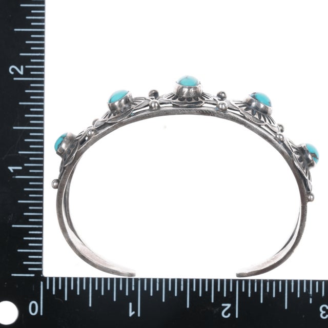 Metal 6.5" 20's-30's Navajo Ingot Silver Hand Stamped Conchos Turquoise Cuff Bracelet For Sale - Image 7 of 10