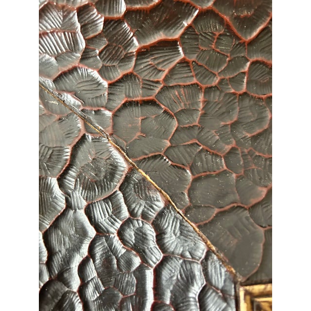 19th Century Beveled Fireplace Mirror, Framed in Heavy Wood Embossed With Leather and Thinly Gilded. For Sale - Image 4 of 8