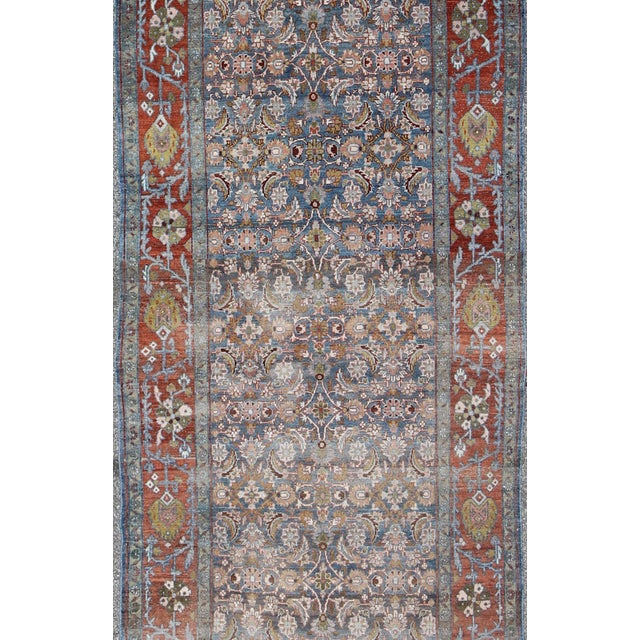 Tribal Antique Persian Malayer Gallery Runner With Allover Floral Motifs in Faded Blue For Sale - Image 3 of 12