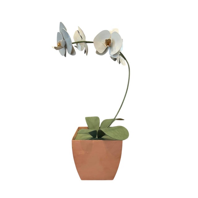 Vintage Hand Painted Potted Tole Orchid Floral Arrangement / Flower Sculpture / Object For Sale - Image 4 of 9