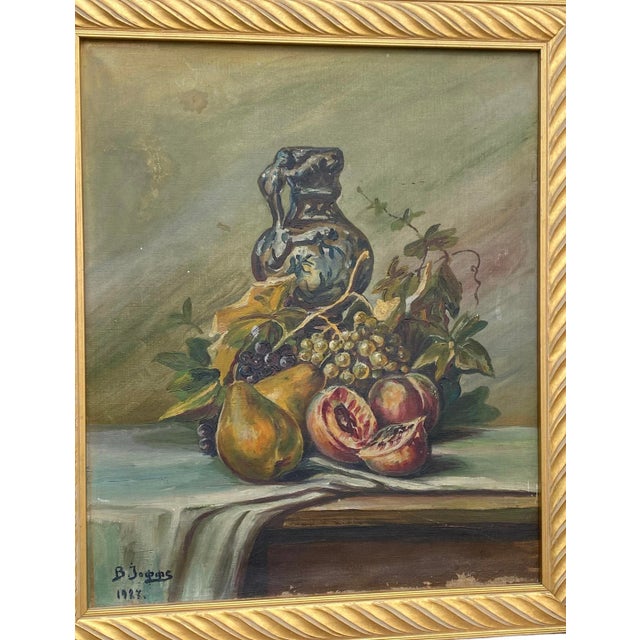 1927 Dutch Oil on Canvas Still Life Study “Fruit With Urn” Signed B. Jopps. The painting shows a blue urn sitting on a...