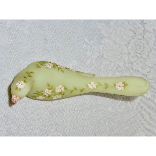 Mid 20th Century Vintage Mid 20th Century Fenton "Happiness Bird" Green Custard Satin Glass Glitter Pink Flowers Signed by B. Montgomery For Sale - Image 5 of 9