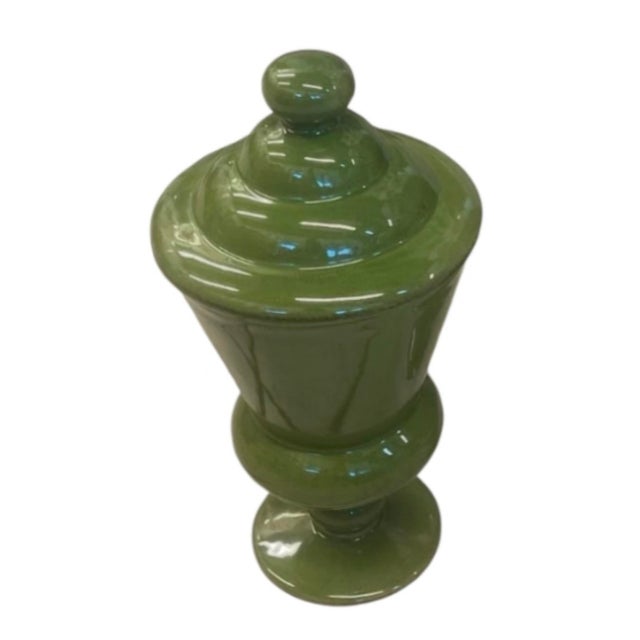 2000 - 2009 Vintage Glossy Olive Green Ceramic Pedestal Urn With Lid For Sale - Image 5 of 12