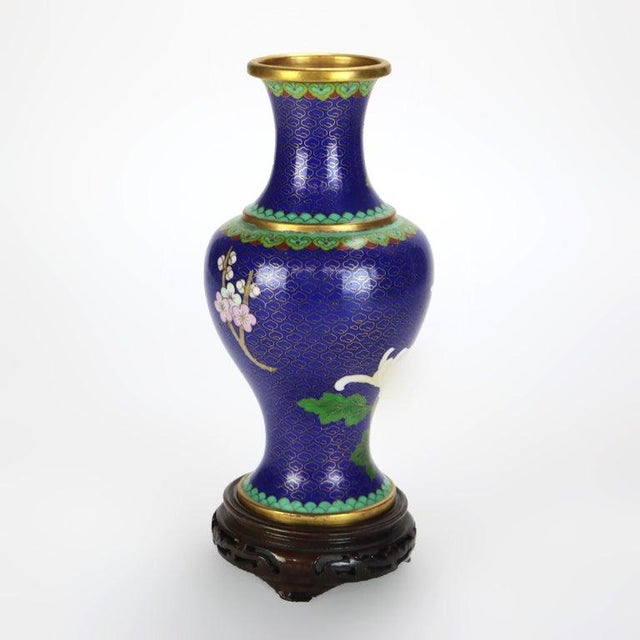 1930s Antique Chinese Cloisonne Enameled Floral Vase With Peony & Wood Base C1930 For Sale - Image 5 of 8