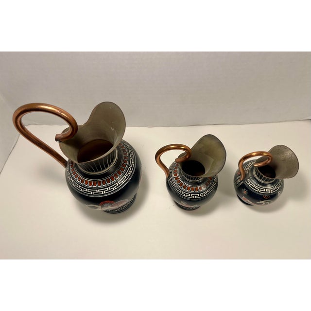 Mediterranean Set of Three Vintage Classic Greek Mythology Copper Painted Water Pitchers For Sale - Image 3 of 9