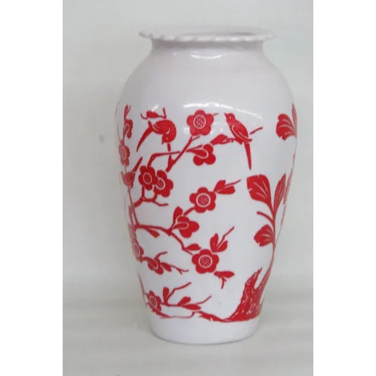 Anchor Hocking Red Birds Cherry Blossoms Flower Milk Glass Vase For Sale - Image 9 of 11