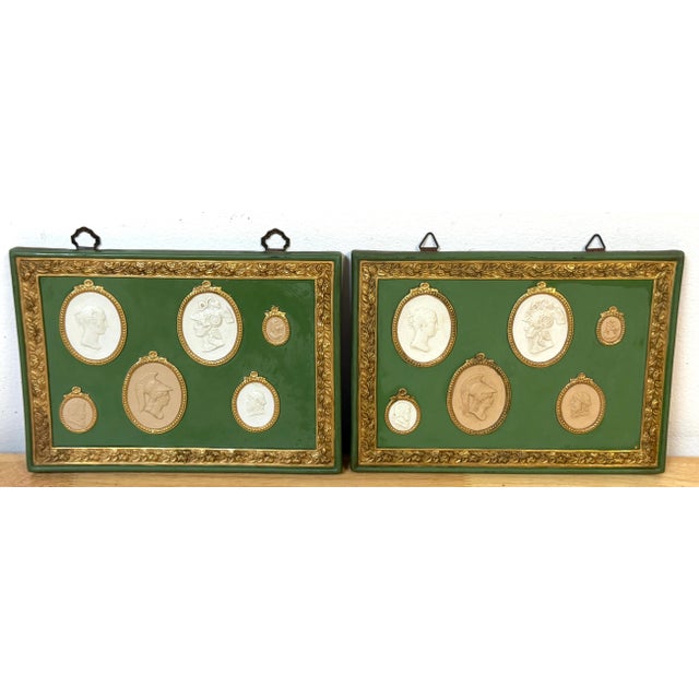 Pair of Italian Grand Tour–Style Green & Gilt Jasperware Intaglio Wall Plaques, Circa 1960s This elegant pair of Italian...