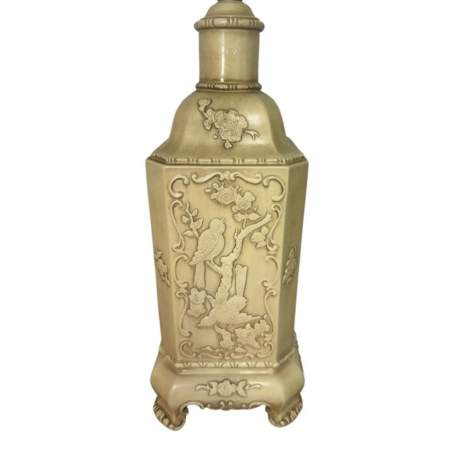 Sculpture Materials Mid 20th Century Chinoiserie Plaster Table Lamp Raised Bird Floral Relief Cream For Sale - Image 7 of 17