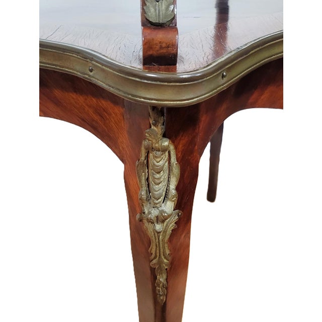 Antique French Louis XV Floral Inlay Rosewood & Bronze Double Tier Dessert Table For Sale - Image 14 of 15