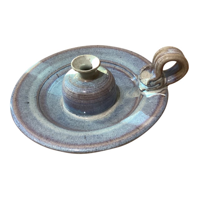 Vintage Studio Pottery Handcrafted Stoneware Glazed Candle Holder W/Attached Drip Plate Signed For Sale