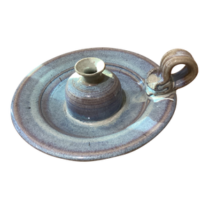 Vintage Studio Pottery Handcrafted Stoneware Glazed Candle Holder W/Attached Drip Plate Signed