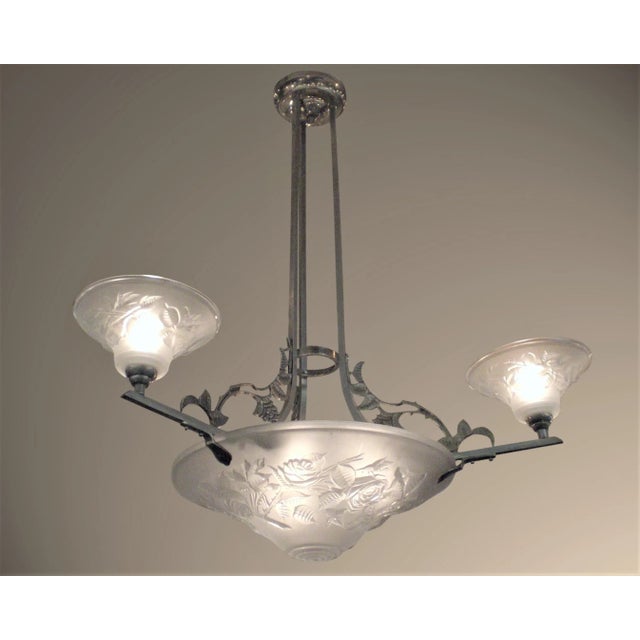 Art Deco French Art Deco Frosted Art Glass Chandelier Signed Maynadier For Sale - Image 3 of 13